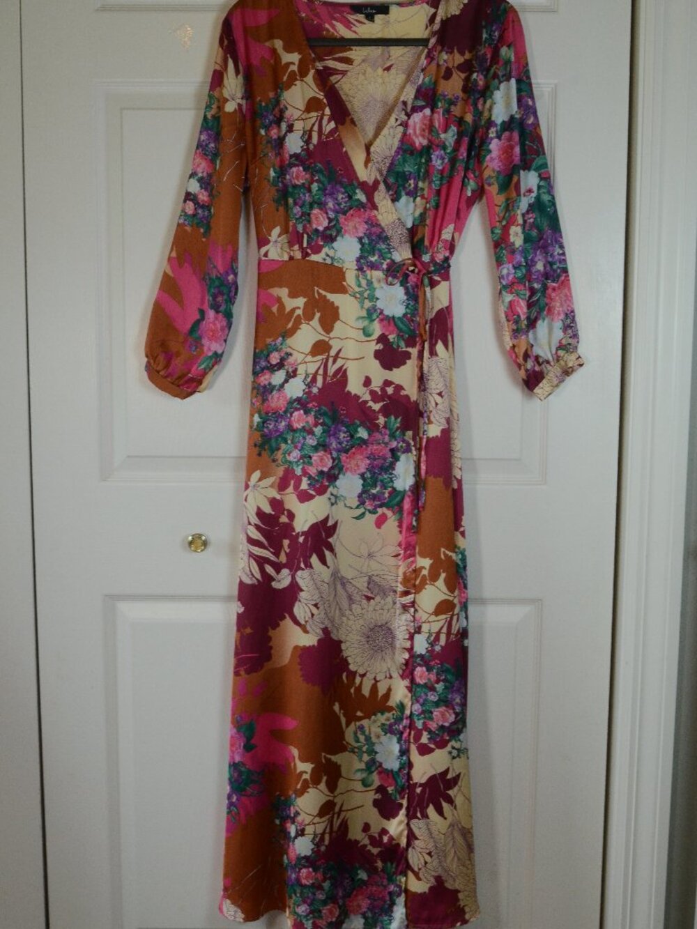 Lulus Floral Wrap Maxi Dress Boho Cottagecore Long Sleeve Wedding Guest Size L - Picture 2 of 8